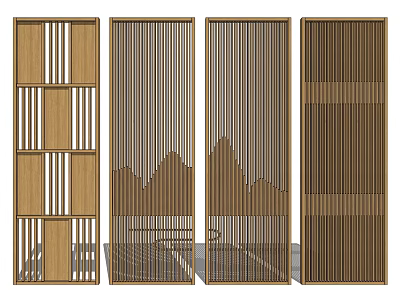 Wooden Room Dividers With Slatted Grilles And Mountain Patterns For Interior Design 3d model