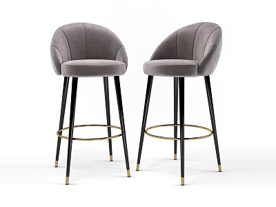 Modern Elegant Gray Velvet Bar Stools With Black Legs And Golden Ring Accents 3d model