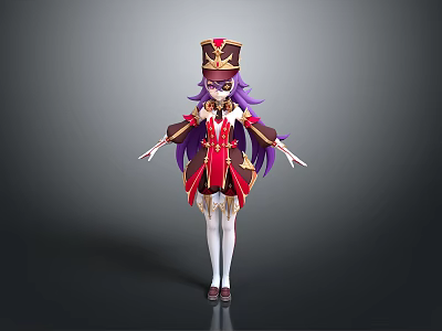 Child Wearing Red and Gold Costume with Purple Hair and Crown 3d model