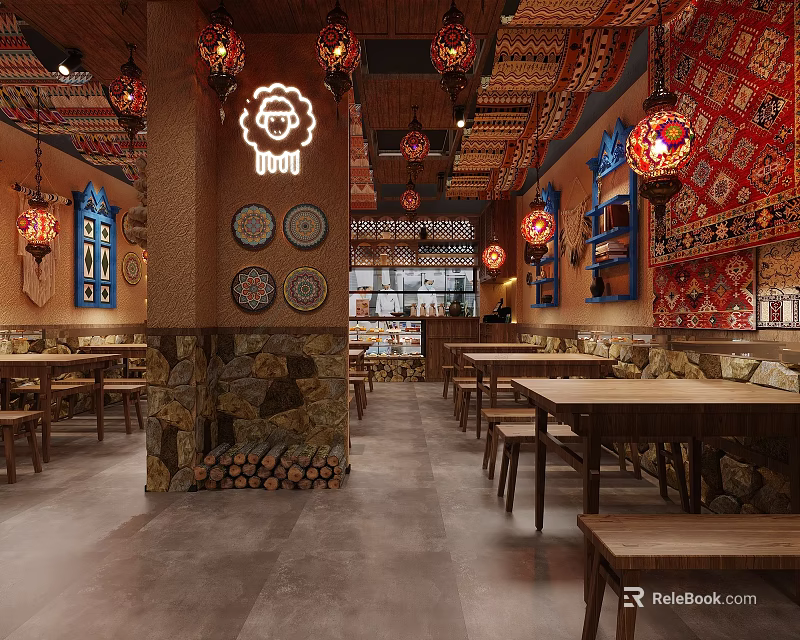 Traditional Restaurant Interior With Colorful Lanterns Tapestry Wooden Tables Decorative Plates And Stone Accents 3d model 