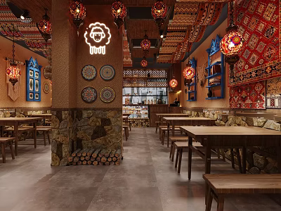 Traditional Restaurant Interior With Colorful Lanterns Tapestry Wooden Tables Decorative Plates And Stone Accents 3d model