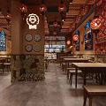 Traditional Restaurant Interior With Colorful Lanterns Tapestry Wooden Tables Decorative Plates And Stone Accents
