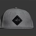 Stylish Gray Snapback Cap With Black Diamond Patch And 1977 Logo Design 3d model