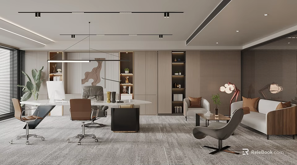 Modern Office Interior Design With Executive Desk Chair Sofa Bookshelves And Lighting 3d model 
