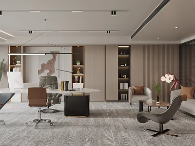 Modern Office Interior Design With Executive Desk Chair Sofa Bookshelves And Lighting 3d model