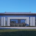 Modern Office Building Exterior With Traditional Roof Glass Curtain Wall And Stone Facade Front Lawn