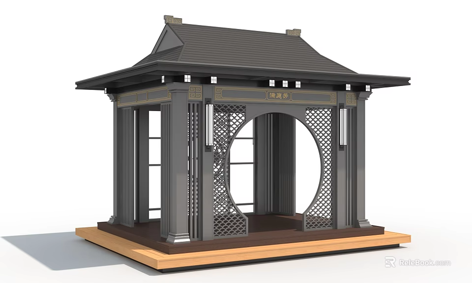 Traditional Chinese Pavilion With Black Roof Gray Pillars Circular Door And Wooden Platform 3d model 
