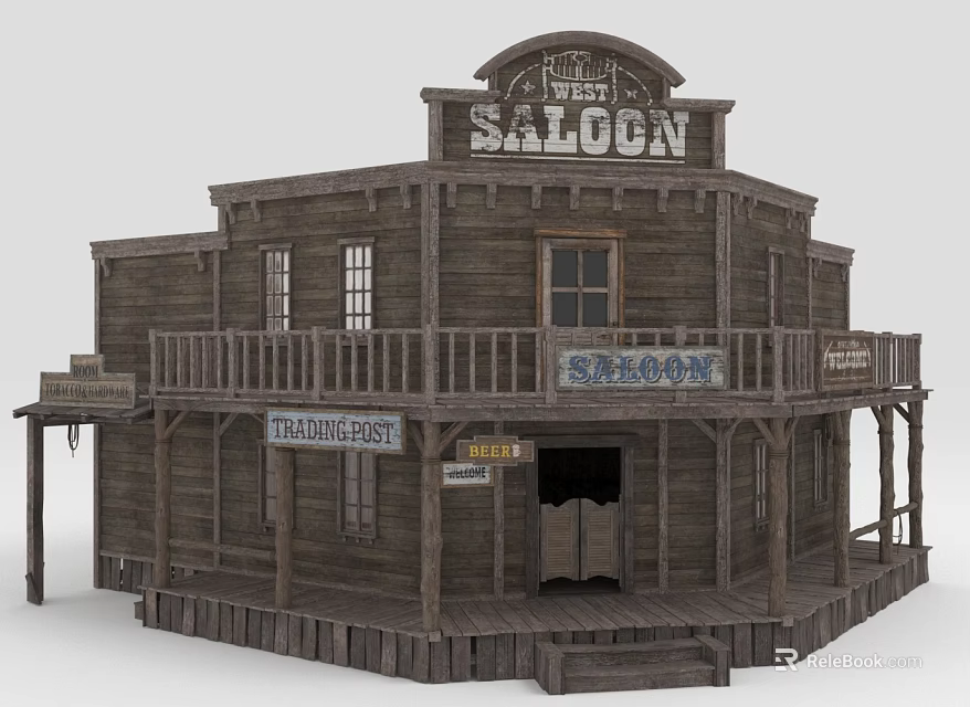 Classic Western Saloon Building With Wooden Structure Balcony Trading Post And General Store Signs 3d model 