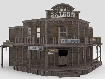 Classic Western Saloon Building With Wooden Structure Balcony Trading Post And General Store Signs 3d model