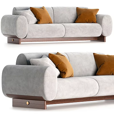 Modern Two Seater Sofa With Gray Fabric And Brown Cushions Wooden Base 3d model