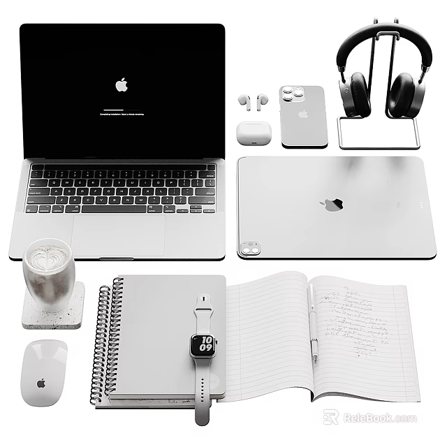 Apple Devices Workspace Setup With Laptop Tablet iPhone AirPods Watch Notebook And Coffee Cup 3d model 