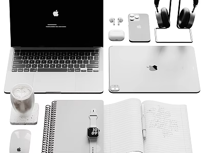Apple Devices Workspace Setup With Laptop Tablet iPhone AirPods Watch Notebook And Coffee Cup 3d model