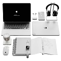 Apple Devices Workspace Setup With Laptop Tablet iPhone AirPods Watch Notebook And Coffee Cup