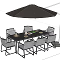 Garden Landscape With Outdoor Dining Table Chairs And Black Umbrella Setup 3d model