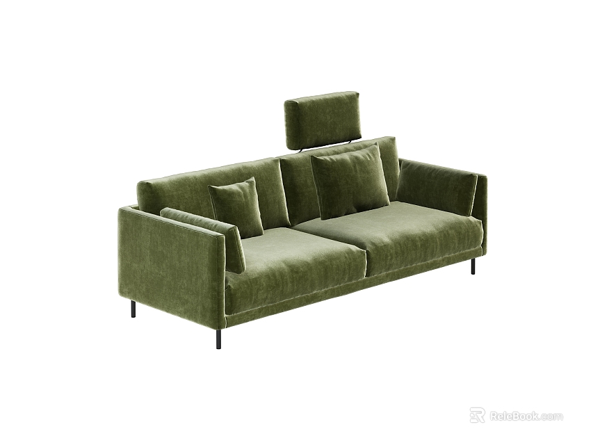 Stylish Green Velvet Two-Seater Sofa With Cushions And Black Metal Legs 3d model 
