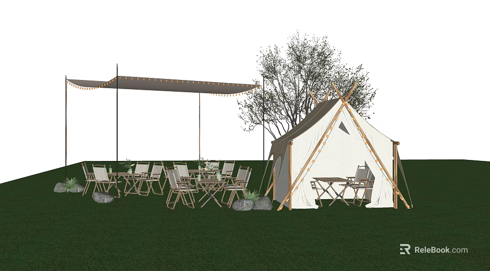 Scenic Campsite With Bell Tent Outdoor Dining Set Awning String Lights Trees And Green Grass 3d model 