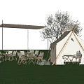 Scenic Campsite With Bell Tent Outdoor Dining Set Awning String Lights Trees And Green Grass
