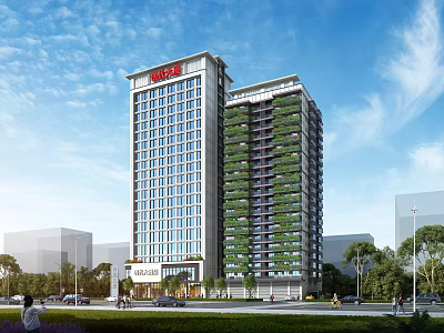 Modern High Rise Residential Building With Greenery Covered Facade And Surrounding Trees Under Blue Sky 3d model