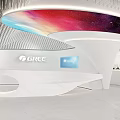 Modern White Showroom With Curved Design Arranged Laundry Machines And Geometric Ceiling