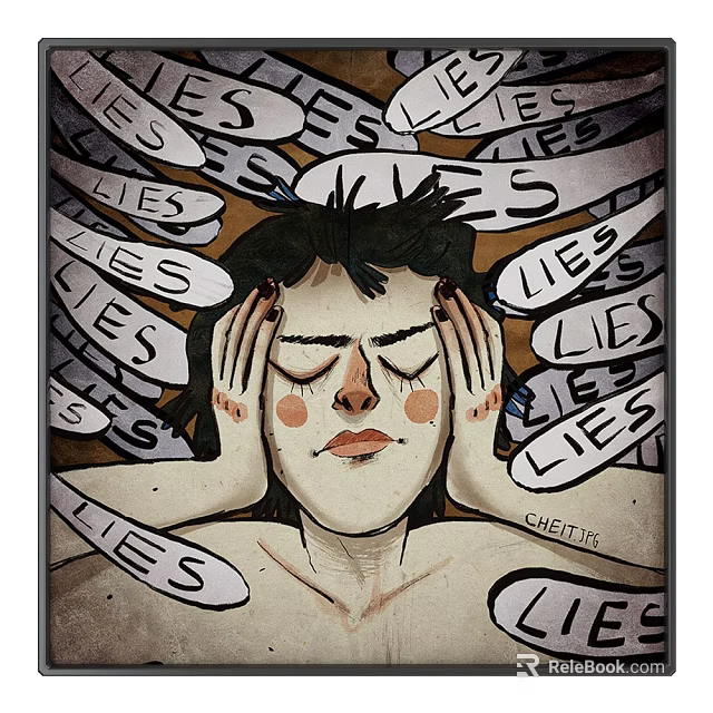Portrait Illustration of Person With Hands on Head Surrounded by Lies Text 3d model 