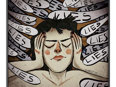 Portrait Illustration of Person With Hands on Head Surrounded by Lies Text 3d model