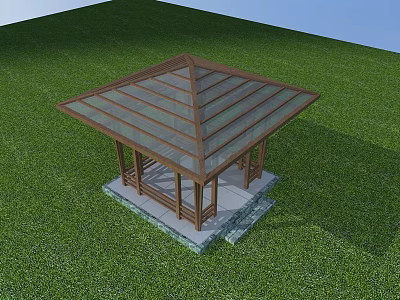 Wooden Pavilion Garden Ornament With Glass Roof On Green Grass Field 3d model