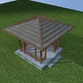 Wooden Pavilion Garden Ornament With Glass Roof On Green Grass Field