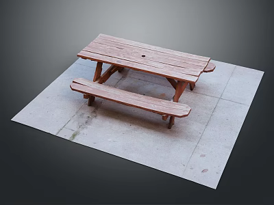 Wooden Picnic Table With Attached Bench On Concrete Floor Surface 3d model