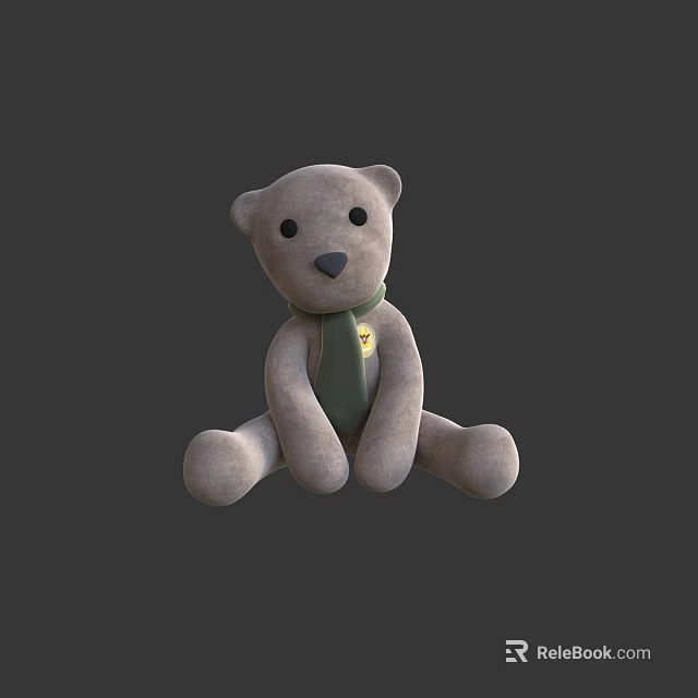 Gray Plush Teddy Bear Doll Wearing Green Scarf Sitting Against Gray Background 3d model 
