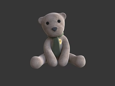 Gray Plush Teddy Bear Doll Wearing Green Scarf Sitting Against Gray Background 3d model