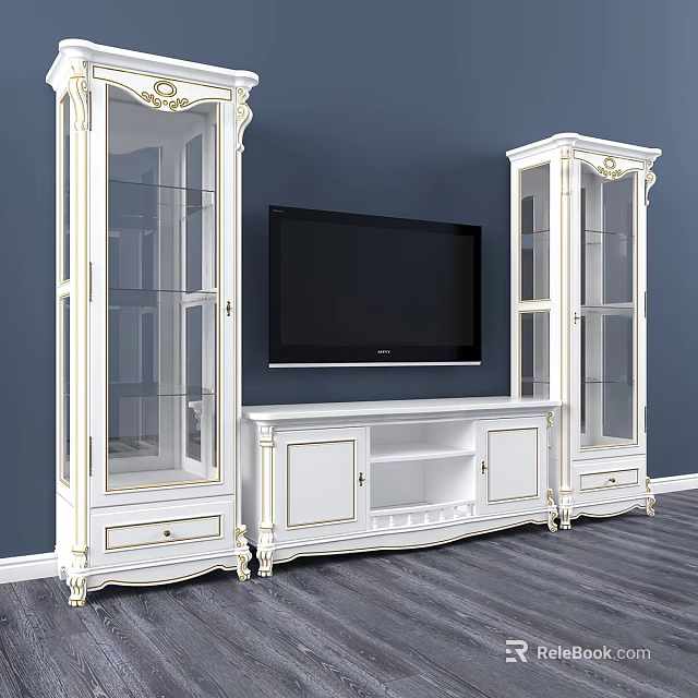 White TV Wall with Carved Glass Door Cabinets and TV Stand on Deep Blue Wall 3d model 