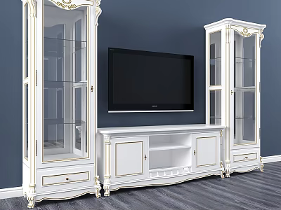 White TV Wall with Carved Glass Door Cabinets and TV Stand on Deep Blue Wall 3d model