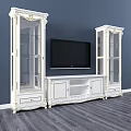 White TV Wall with Carved Glass Door Cabinets and TV Stand on Deep Blue Wall