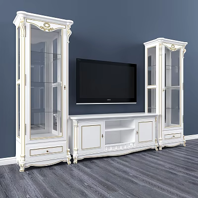White TV Wall with Carved Glass Door Cabinets and TV Stand on Deep Blue Wall 3d model