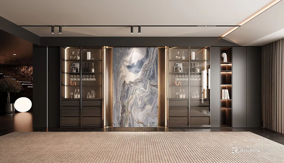 Modern Wine Cabinet With Glass Doors Wooden Frame Marble Backdrop And Wine Glass Holders 3d model 