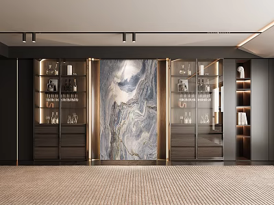 Modern Wine Cabinet With Glass Doors Wooden Frame Marble Backdrop And Wine Glass Holders 3d model