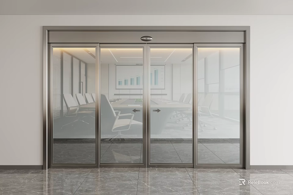 Modern Glass Doors Meeting Room Interior With Metal Frame Conference Table And Chairs Marble Floor 3d model 