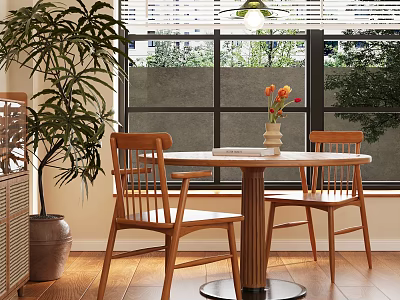Natural Wooden Dining Table Set with Two Chairs Flower Vase by Window and Indoor Plant 3d model