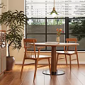 Natural Wooden Dining Table Set with Two Chairs Flower Vase by Window and Indoor Plant