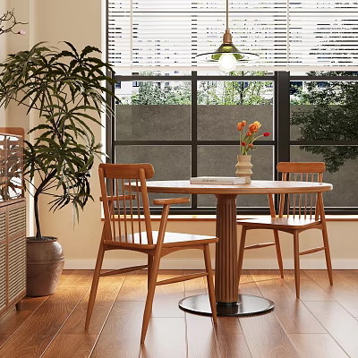 Natural Wooden Dining Table Set with Two Chairs Flower Vase by Window and Indoor Plant 3d model