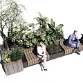 Outdoor Garden Bench With Lush Green Plants Trees And Two People Sitting