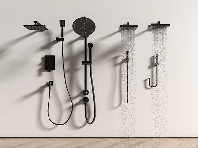 Black Shower System With Rainfall Head Handheld Sprayer And Body Jets In Modern Bathroom 3d model