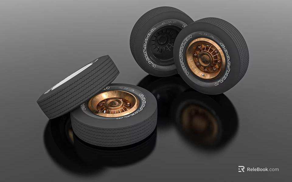 Tires With Gold Toned Wheel Rims Arranged On Dark Surface 3d model 