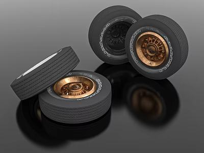 Tires With Gold Toned Wheel Rims Arranged On Dark Surface 3d model