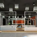 Modern SPA Sauna Interior With Orange Ceiling Glass Partitions Pool And Green Plants