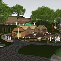 Vibrant Piglet Playground Featuring Wooden Huts Green Trees Pathways And Grass Areas