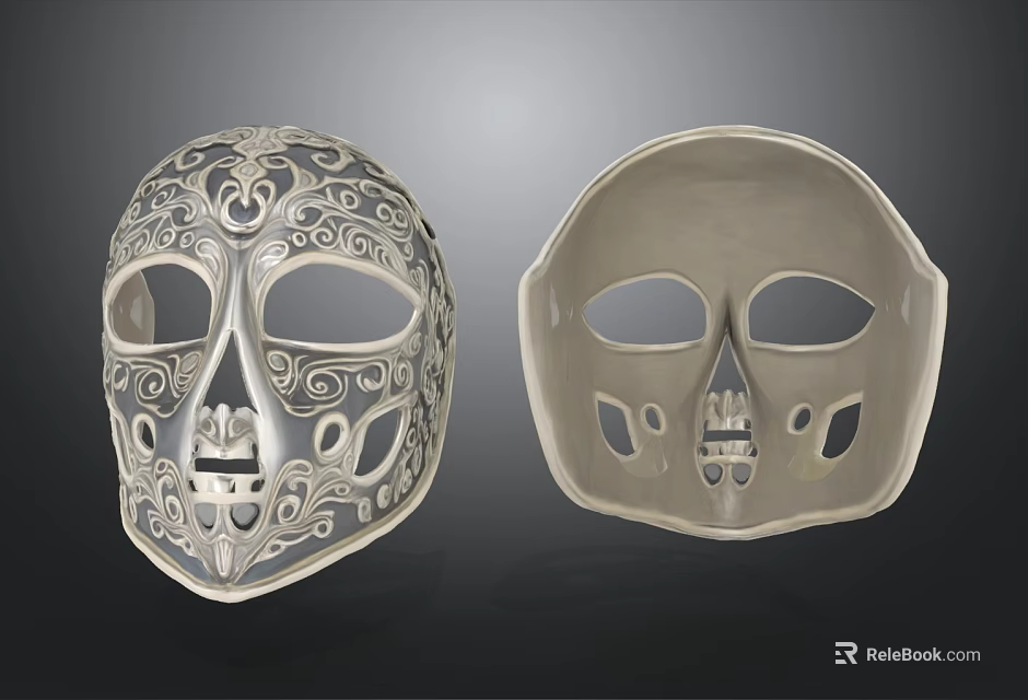 Two Skull Masks Featuring Intricate Ornate Patterns And Plain Simple Design 3d model 