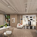 Modern Shop Reception Desk Interior With Wooden Counter Plants And Wall Paintings