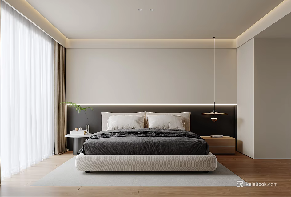 Modern Bedroom Interior With Bed Headboard Black Bedding Hanging Lamp Window Curtains And Wooden Floor 3d model 