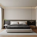 Modern Bedroom Interior With Bed Headboard Black Bedding Hanging Lamp Window Curtains And Wooden Floor